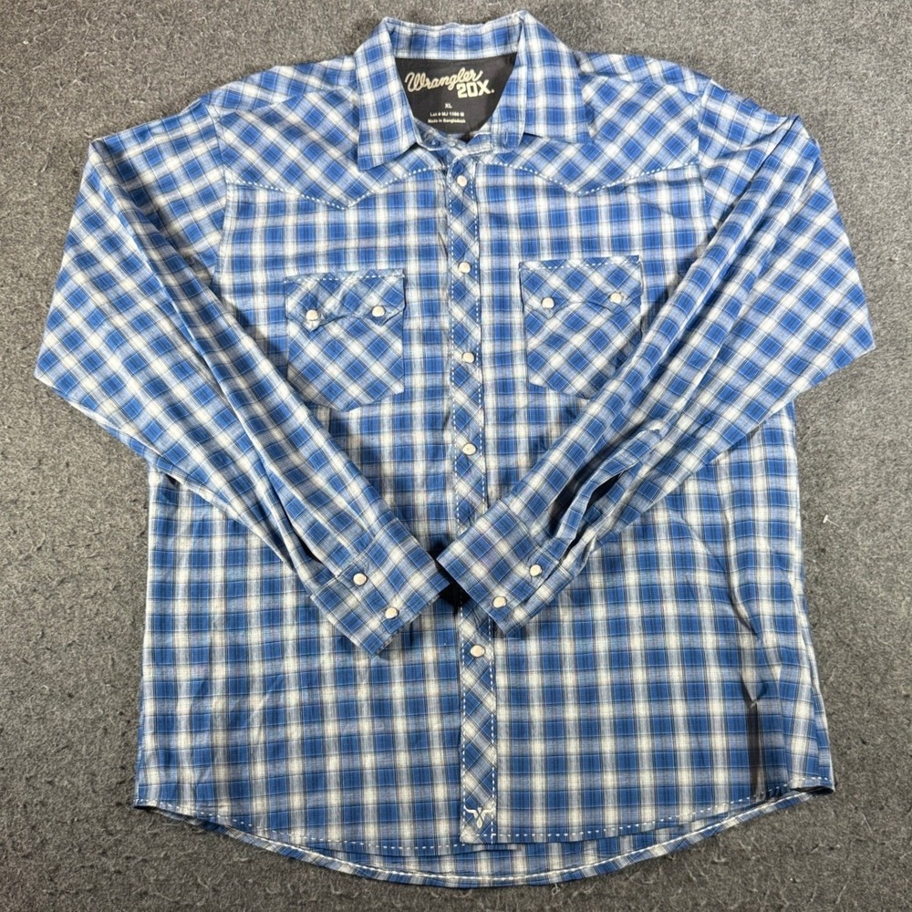 Wrangler 20X Mens Blue Plaid Long Sleeve Western Pearl Snap Shirt XL MJ1380M